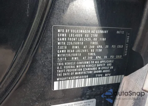 2013 Volkswagen Tiguan из США, поврежденный, VIN WVAGV7AX8DW503400